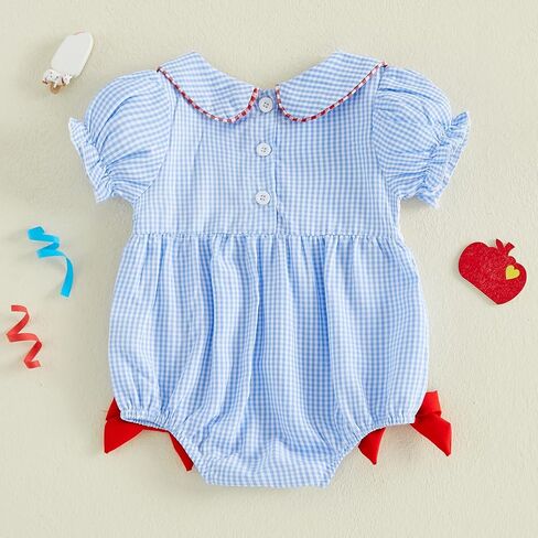 Baby Girl First Day Of School Outfit Smocked Romper Dress Clothes | Infant Back To School Outfit, ABC Plaid Short Sleeve Bubble Romper Bodysuit in Kuwait