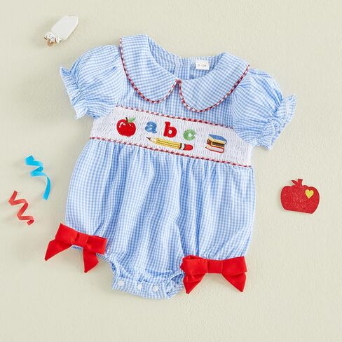 Baby Girl First Day Of School Outfit Smocked Romper Dress Clothes | Infant Back To School Outfit, ABC Plaid Short Sleeve Bubble Romper Bodysuit in Kuwait
