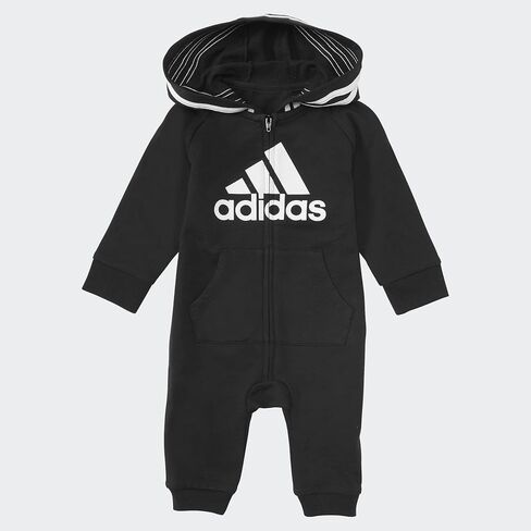 adidas unisex baby Infant Girls' and Boys' Long Sleeve Hooded Coverall Overalls, Black, 6 Months US | Kangaroo Pockets, Full Leg Zipper, Rib Cuffs, French Terry in Kuwait