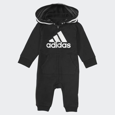 adidas unisex baby Infant Girls' and Boys' Long Sleeve Hooded Coverall Overalls, Black, 6 Months US | Kangaroo Pockets, Full Leg Zipper, Rib Cuffs, French Terry in Kuwait