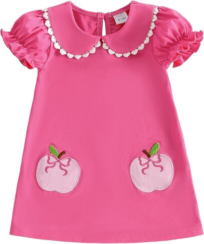 KMBANGI Baby Girl Apple Dress Short Puff Sleeve Peter Pan Dress for Girls Back to School Outfit Toddler Preschool Clothes in Kuwait