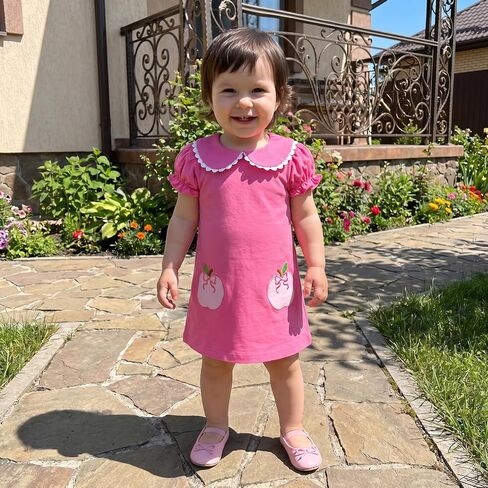 KMBANGI Baby Girl Apple Dress Short Puff Sleeve Peter Pan Dress for Girls Back to School Outfit Toddler Preschool Clothes in Kuwait