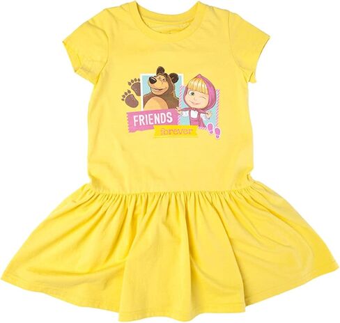 Masha the Bear baby girls Friends Forever Printed Comfy Dropwaist Style, Machine Washable T-Shirt Dress, Goldfinch, 3T in Kuwait