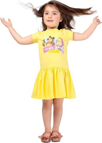 Masha the Bear baby girls Friends Forever Printed Comfy Dropwaist Style, Machine Washable T-Shirt Dress, Goldfinch, 3T in Kuwait