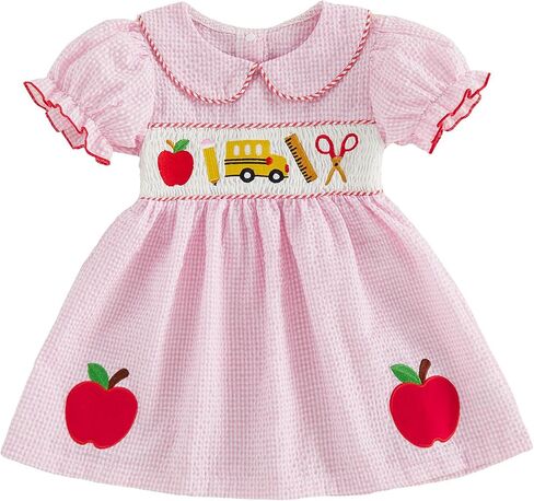 Karuedoo Kids Toddler Girl Back to School Dress Embroidery Smocked Short Sleeve Doll Collar Dress First Day of School Clothes in Kuwait