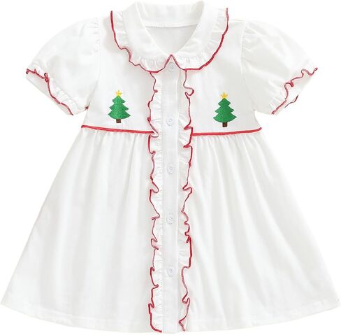 Toddler Christmas Dress Baby Girl Christmas Outfit Ruffle Puff Short Sleeve Christmas Tree Button Down Shirt Dress in Kuwait