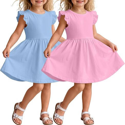 2 Pack Toddler Girls Flutter Sleeve Dresses Kids Short Sleeve Ruffle Bottom Sundress Casual Summer Cute Dress in Kuwait