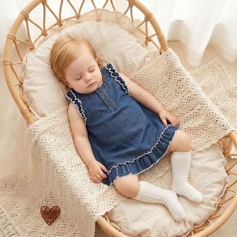 Toddler Baby Girls Denim Dress Summer Outfit 6M-4T Round Neck Ruffle Trim Sleeveless A Line Tank Dresses in Kuwait