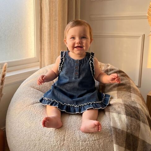Toddler Baby Girls Denim Dress Summer Outfit 6M-4T Round Neck Ruffle Trim Sleeveless A Line Tank Dresses in Kuwait