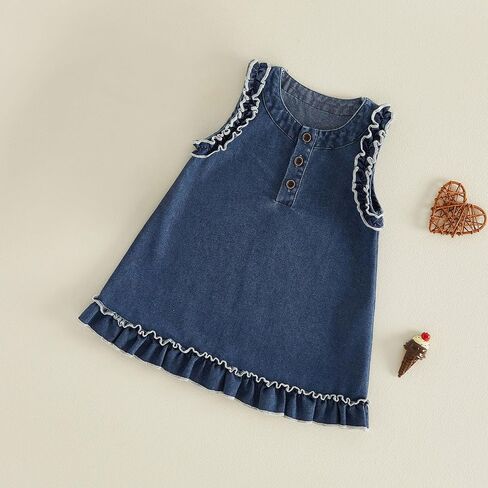 Toddler Baby Girls Denim Dress Summer Outfit 6M-4T Round Neck Ruffle Trim Sleeveless A Line Tank Dresses in Kuwait