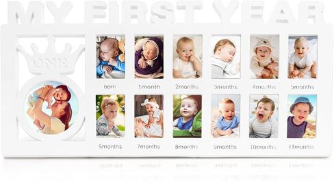 Eorbow Newborn Baby Picture Frame, 15" x 7.3" My First Year Frame, Plastic 12 Month Babies Photo Frame, Monthly Milestone Keepsake for New Mom Gift Baby Shower, 13 Photo Inserts in Kuwait