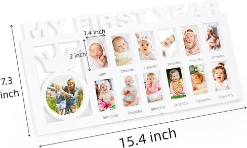 Eorbow Newborn Baby Picture Frame, 15" x 7.3" My First Year Frame, Plastic 12 Month Babies Photo Frame, Monthly Milestone Keepsake for New Mom Gift Baby Shower, 13 Photo Inserts in Kuwait