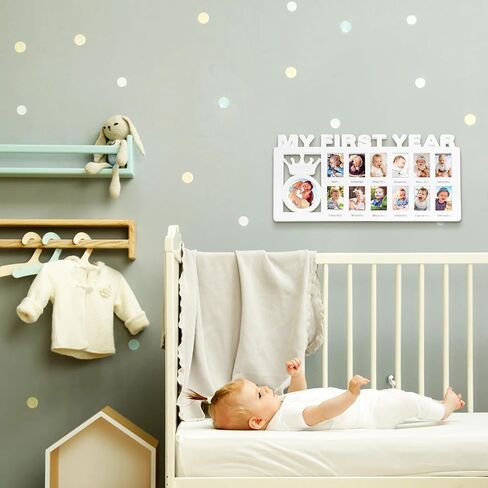 Eorbow Newborn Baby Picture Frame, 15" x 7.3" My First Year Frame, Plastic 12 Month Babies Photo Frame, Monthly Milestone Keepsake for New Mom Gift Baby Shower, 13 Photo Inserts in Kuwait