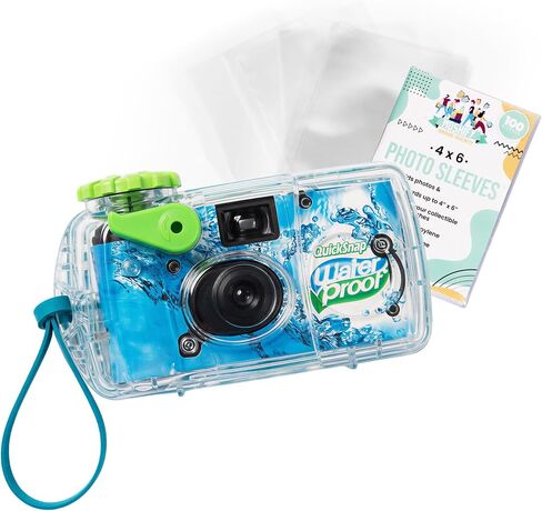Fujifilm QuickSnap Waterproof - 35mm Disposable Camera - 27 Exposures with 100 Moshify 4x6 Ultra Clear Acid Free Photo Sleeves - ISO 800 Film for Beach Pool and Underwater Photography up to 35ft in Kuwait