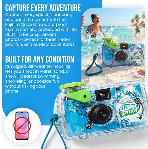 Fujifilm QuickSnap Waterproof - 35mm Disposable Camera - 27 Exposures with 100 Moshify 4x6 Ultra Clear Acid Free Photo Sleeves - ISO 800 Film for Beach Pool and Underwater Photography up to 35ft in Kuwait