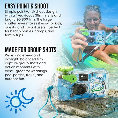 Fujifilm QuickSnap Waterproof - 35mm Disposable Camera - 27 Exposures with 100 Moshify 4x6 Ultra Clear Acid Free Photo Sleeves - ISO 800 Film for Beach Pool and Underwater Photography up to 35ft in Kuwait