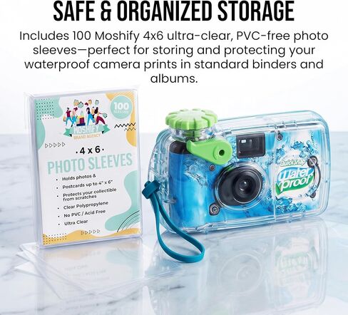 Fujifilm QuickSnap Waterproof - 35mm Disposable Camera - 27 Exposures with 100 Moshify 4x6 Ultra Clear Acid Free Photo Sleeves - ISO 800 Film for Beach Pool and Underwater Photography up to 35ft in Kuwait