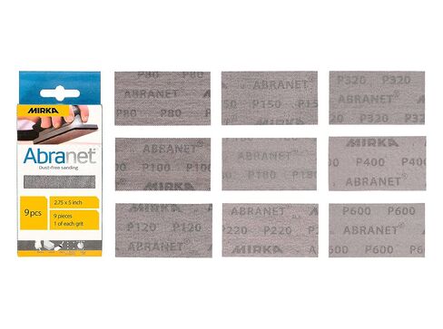 Mirka Abranet Net Sheets / 2.75 x 5 inch/Assortment 1 of Each Grit 80, 100, 120, 150, 180, 220, 320, 400, 600 / Mesh Sandpaper Sanding Sheet Hook and Loop / 9 pcs / ‎9A-241-APRP | Assorted, Sandpaper Sanding Sheet, Hook and Loop, 9pcs 9A-149-APRP in Kuwait