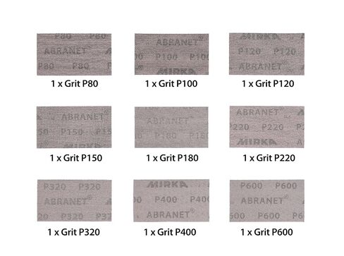 Mirka Abranet Net Sheets / 2.75 x 5 inch/Assortment 1 of Each Grit 80, 100, 120, 150, 180, 220, 320, 400, 600 / Mesh Sandpaper Sanding Sheet Hook and Loop / 9 pcs / ‎9A-241-APRP | Assorted, Sandpaper Sanding Sheet, Hook and Loop, 9pcs 9A-149-APRP in Kuwait