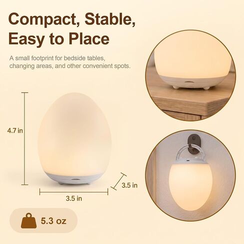 Egg Light for Nursery, Rechargeable Touch-Control Baby Night Light | For nighttime feeding, diaper changes, and kids' rooms, with 30/60-minute timer, 7-color cycle, memory, and fold-out hook in Kuwait