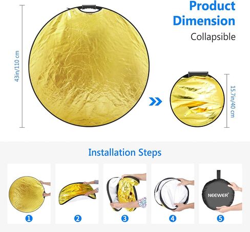 Neewer 5-in-1 Portable Round 43 in/110cm Light Reflector Collapsible Multi-Disc with Single Grip and Bag for Studio Photography Lighting and Outdoor Lighting - Gold/Silver/White/Black/Translucent in Kuwait