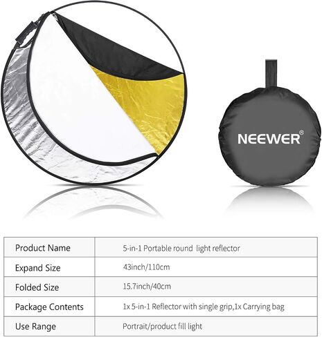 Neewer 5-in-1 Portable Round 43 in/110cm Light Reflector Collapsible Multi-Disc with Single Grip and Bag for Studio Photography Lighting and Outdoor Lighting - Gold/Silver/White/Black/Translucent in Kuwait