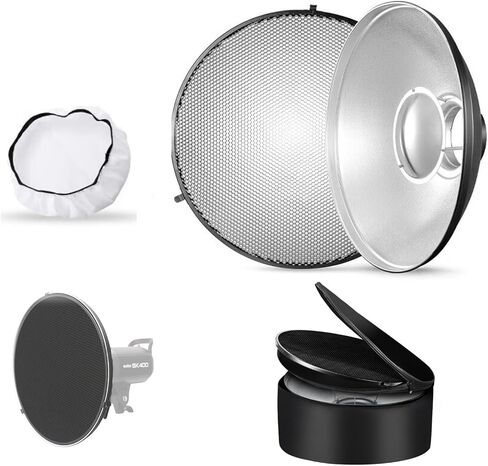 Godox 16.5inch/42cm Silver Beauty Dish Bowens Mount Reflector w/Honeycomb, White Diffuser and Carry Bag, Light Modifier for Bowens Mount Flash, LED Light, for Godox AD600 Pro II, AD800 Pro SL60W in Kuwait