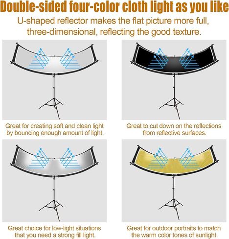 Clamshell Light Reflector Diffuser 70"x24"/180x60cm with Stand | U-Shape Reflector Curved Reflector, White/Gold/Silver/Black, Adjustable Angle Height and Storage Bag for Photography Studios in Kuwait