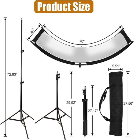 Clamshell Light Reflector Diffuser 70"x24"/180x60cm with Stand | U-Shape Reflector Curved Reflector, White/Gold/Silver/Black, Adjustable Angle Height and Storage Bag for Photography Studios in Kuwait