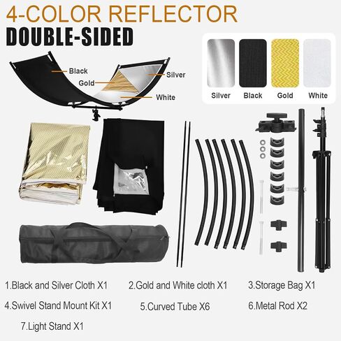 Clamshell Light Reflector Diffuser 70"x24"/180x60cm with Stand | U-Shape Reflector Curved Reflector, White/Gold/Silver/Black, Adjustable Angle Height and Storage Bag for Photography Studios in Kuwait