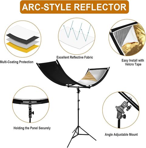 Clamshell Light Reflector Diffuser 70"x24"/180x60cm with Stand | U-Shape Reflector Curved Reflector, White/Gold/Silver/Black, Adjustable Angle Height and Storage Bag for Photography Studios in Kuwait