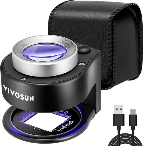 VIVOSUN 30X Rechargeable Loupe Magnifier with White LED Light and UV Light, Portable Magnifying Glass with Optical Glass Lens & Scale for Jewelry, Textile, Gems, Stamps, Coins and Plants | USB Rechargeable, Dual LED & UV Light, Pocket Size, Optical Glass  in Kuwait