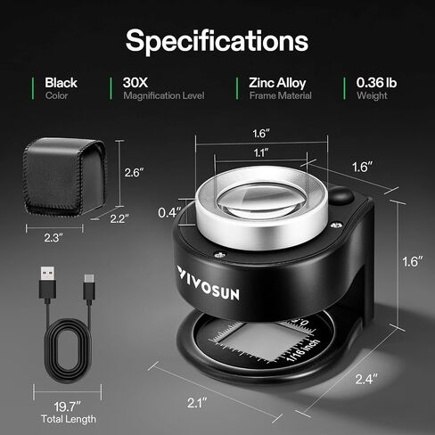 VIVOSUN 30X Rechargeable Loupe Magnifier with White LED Light and UV Light, Portable Magnifying Glass with Optical Glass Lens & Scale for Jewelry, Textile, Gems, Stamps, Coins and Plants | USB Rechargeable, Dual LED & UV Light, Pocket Size, Optical Glass  in Kuwait