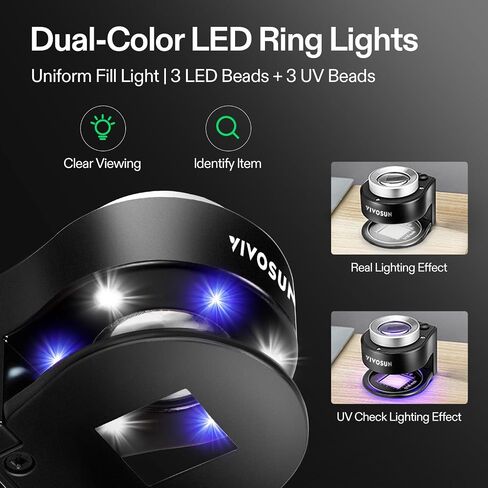 VIVOSUN 30X Rechargeable Loupe Magnifier with White LED Light and UV Light, Portable Magnifying Glass with Optical Glass Lens & Scale for Jewelry, Textile, Gems, Stamps, Coins and Plants | USB Rechargeable, Dual LED & UV Light, Pocket Size, Optical Glass  in Kuwait