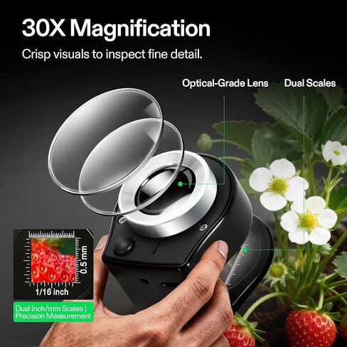 VIVOSUN 30X Rechargeable Loupe Magnifier with White LED Light and UV Light, Portable Magnifying Glass with Optical Glass Lens & Scale for Jewelry, Textile, Gems, Stamps, Coins and Plants | USB Rechargeable, Dual LED & UV Light, Pocket Size, Optical Glass  in Kuwait