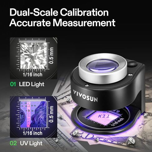 VIVOSUN 30X Rechargeable Loupe Magnifier with White LED Light and UV Light, Portable Magnifying Glass with Optical Glass Lens & Scale for Jewelry, Textile, Gems, Stamps, Coins and Plants | USB Rechargeable, Dual LED & UV Light, Pocket Size, Optical Glass  in Kuwait