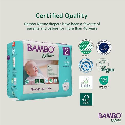 Bambo Nature Hypoallergenic Baby Diapers, Eco-Labeled Diapers, Enhanced Leakage Protection, Totally Chlorine-Free, Skin Friendly, and Super Absorbent - Size 2 (180 Count) in Kuwait
