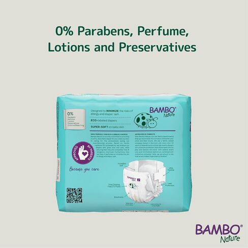 Bambo Nature Hypoallergenic Baby Diapers, Eco-Labeled Diapers, Enhanced Leakage Protection, Totally Chlorine-Free, Skin Friendly, and Super Absorbent - Size 2 (180 Count) in Kuwait