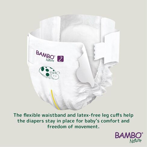 Bambo Nature Hypoallergenic Baby Diapers, Eco-Labeled Diapers, Enhanced Leakage Protection, Totally Chlorine-Free, Skin Friendly, and Super Absorbent - Size 2 (180 Count) in Kuwait