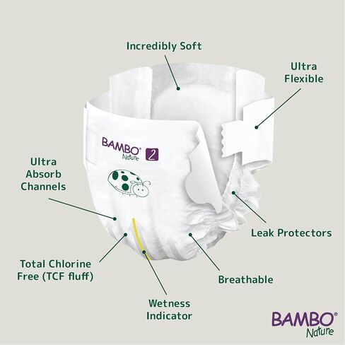 Bambo Nature Hypoallergenic Baby Diapers, Eco-Labeled Diapers, Enhanced Leakage Protection, Totally Chlorine-Free, Skin Friendly, and Super Absorbent - Size 2 (180 Count) in Kuwait