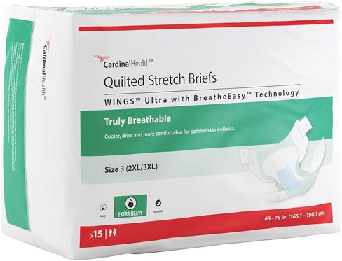 Cardinal Health™ Wings™ Ultra Quilted Stretch Brief with BreatheEasy™ Technology, Extra Heavy Absorbency, Adult Disposable Briefs, Size 3 (2XL/3XL), Green, Case of 60 (4 Bags of 15) in Kuwait