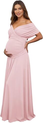 Off Shoulder Satin Maternity Dresses Long Pleated Baby Shower Dress | Soft stretch fabric,flattering maxi A-line cut,chic v neck, ideal for wedding guest,bridesmaid,maternity photoshoots, formal in Kuwait