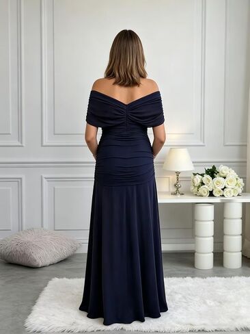 Off Shoulder Satin Maternity Dresses Long Pleated Baby Shower Dress | Soft stretch fabric,flattering maxi A-line cut,chic v neck, ideal for wedding guest,bridesmaid,maternity photoshoots, formal in Kuwait