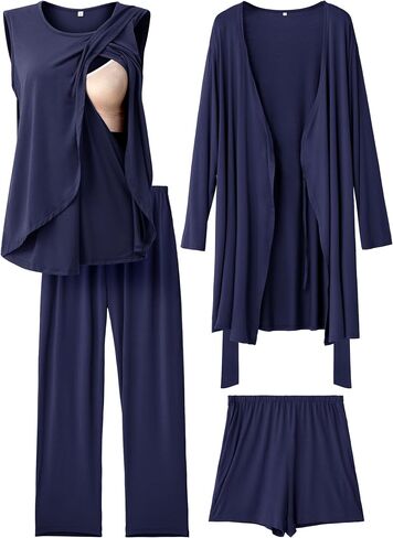 Rnxrbb 4 PCS All-Season Nursing Pajamas Robe Set Maternity Postpartum Pjs | Spring,Summer,Fall&Winter Nursing Sleepwear,Home&Hospital Labor&Delivery Breastfeeding Clothes,Adjustable Waistband in Saudi Arabia