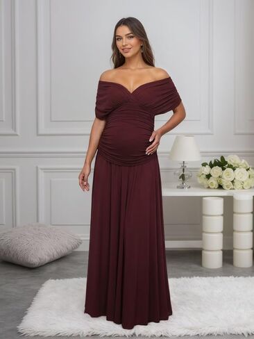 Off Shoulder Satin Maternity Dresses Long Pleated Baby Shower Dress | Soft stretch fabric,flattering maxi A-line cut,chic v neck, ideal for wedding guest,bridesmaid,maternity photoshoots, formal in Kuwait