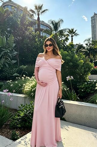 Off Shoulder Satin Maternity Dresses Long Pleated Baby Shower Dress | Soft stretch fabric,flattering maxi A-line cut,chic v neck, ideal for wedding guest,bridesmaid,maternity photoshoots, formal in Kuwait