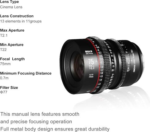 Meike 75mm T2.1 S35 Manual Focus Wide Angle Prime Cinema Lens for Canon EF Mount and Cine Camcorder EOS C100 Mark II in Kuwait