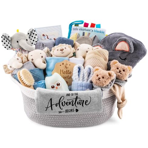 30 Piece Baby Boy Gift Basket, Baby Shower Gifts for Boys, Newborn Essentials Set, Large Baby Gift Set, All-in-One Baby Registry, Swaddle Blanket, Plush, Diaper Caddy Organizer in Kuwait