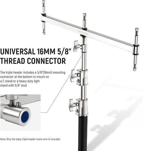 NEEWER Baby Triple Header Boom Arm with Five 5/8" Pins for LED Light/Strobe Flash, One 1-1/8" Pin for C Stand/Light Stand with 16mm Baby Stud or 28mm Junior Receiver, Stainless Steel, UA005 in Kuwait