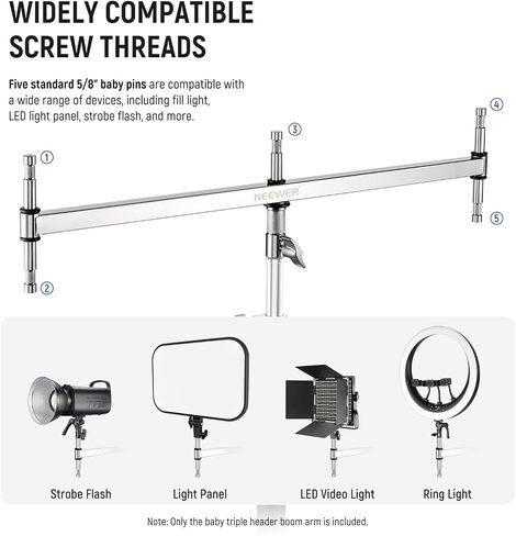 NEEWER Baby Triple Header Boom Arm with Five 5/8" Pins for LED Light/Strobe Flash, One 1-1/8" Pin for C Stand/Light Stand with 16mm Baby Stud or 28mm Junior Receiver, Stainless Steel, UA005 in Kuwait